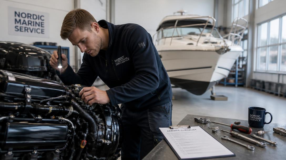 Marine technician inspecting a boat engine in a service yard